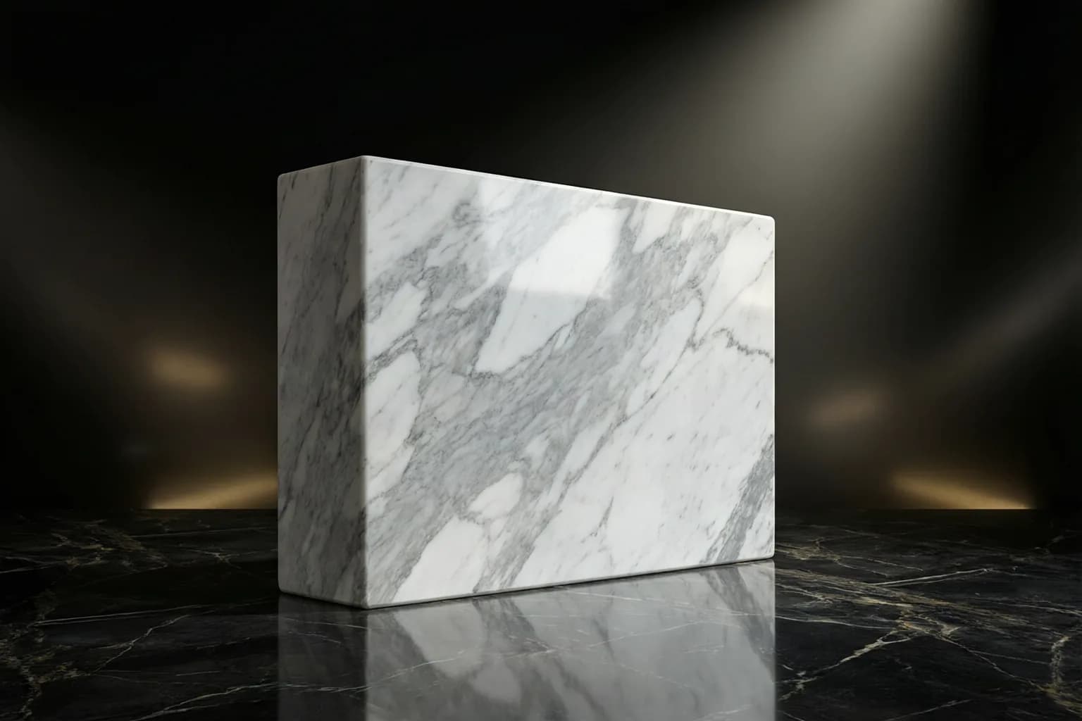 Render concept: blocco di marmo di Carrara illuminato su fondo scuro