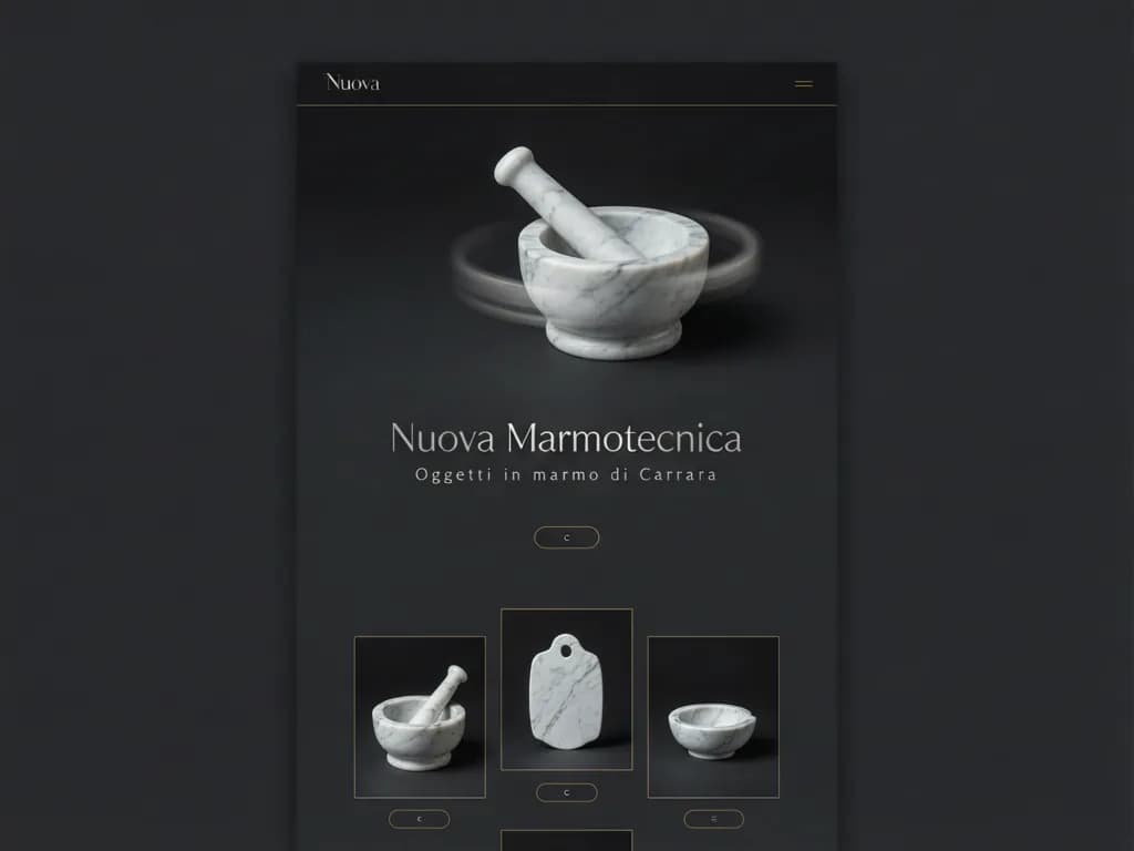 Render concept: home luxury dark completa con mortaio 3D che ruota e griglia prodotti in marmo