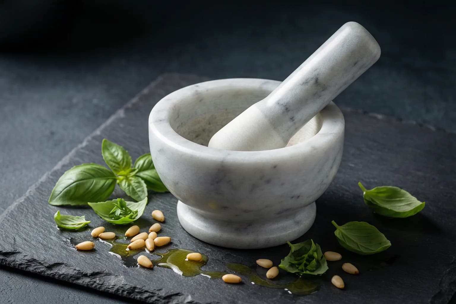Render concept: mortaio in marmo di Carrara con basilico e pinoli