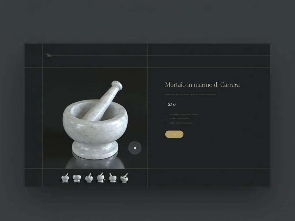 Render concept: scheda prodotto con viewer 3D interattivo del mortaio in marmo di Carrara