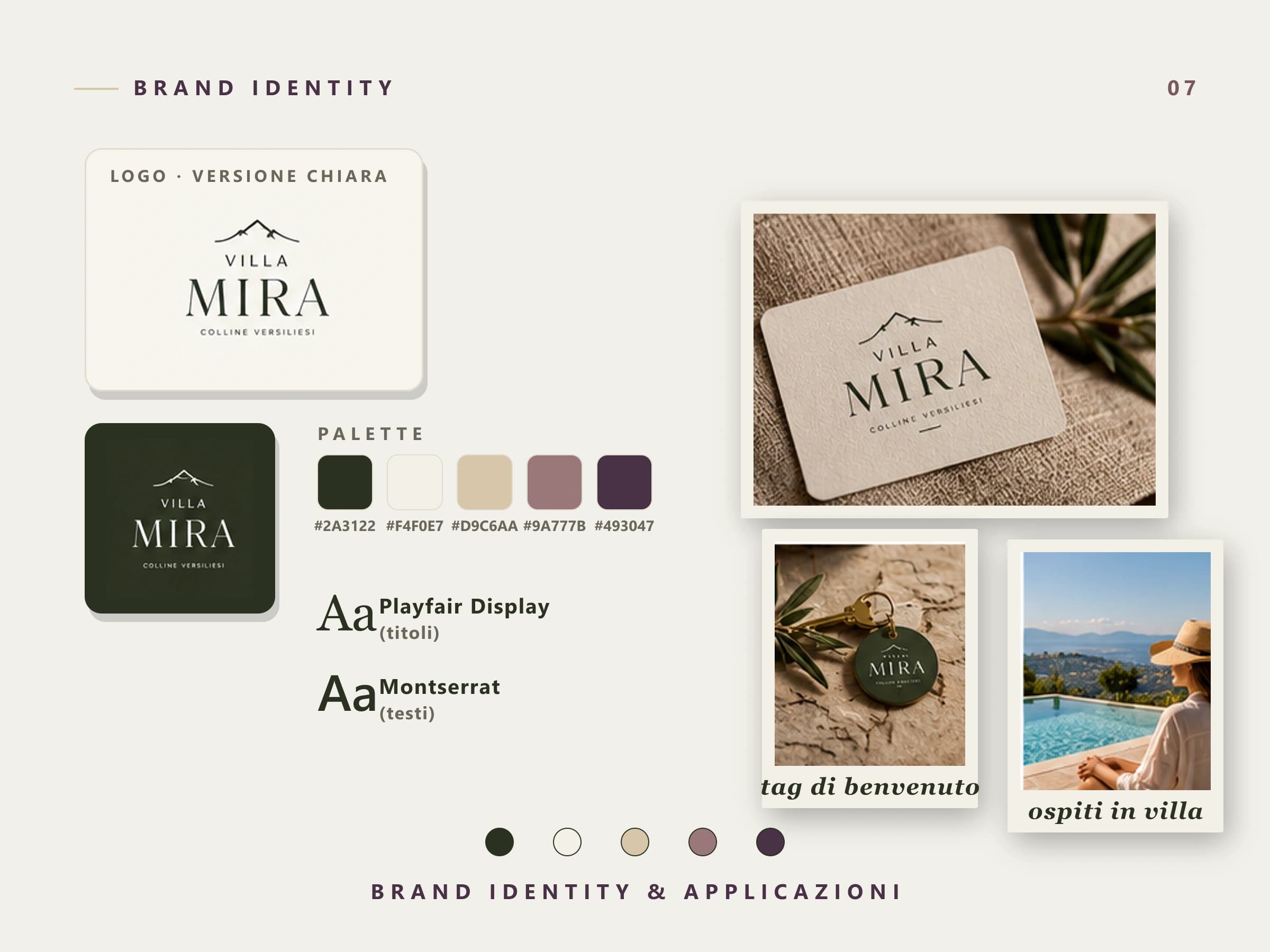 Tavola di brand identity di Villa Mira: logotipi su fondo chiaro e verde, palette con codici colore, tipografie e applicazioni su cartolina, tag e coordinato