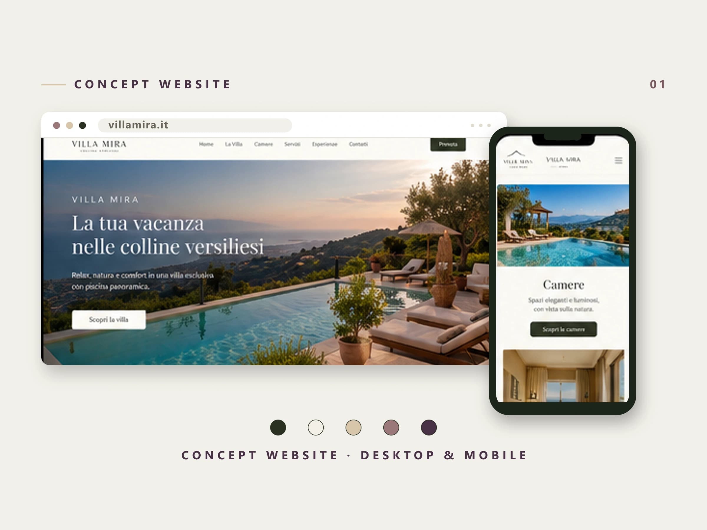 Mockup browser e smartphone della homepage concept di Villa Mira: hero con piscina panoramica e titolo «La tua vacanza nelle colline versiliesi»