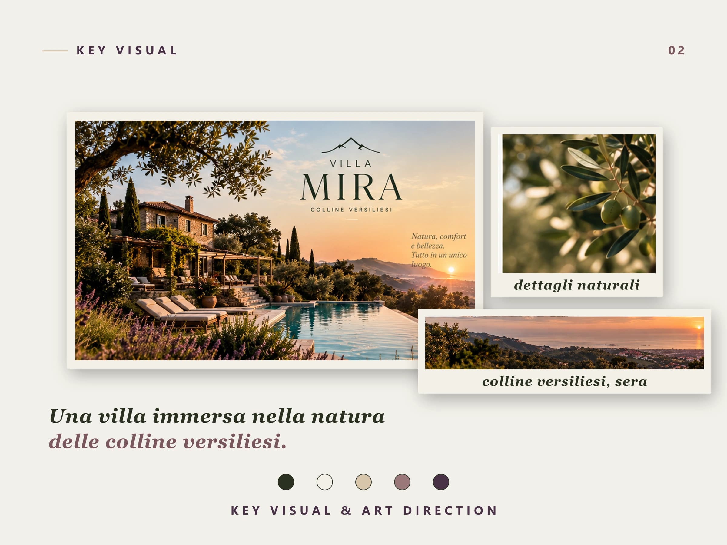 Stampa incorniciata del key visual di Villa Mira: villa in pietra con piscina a sfioro al tramonto, con dettagli naturali e panorama serale delle colline
