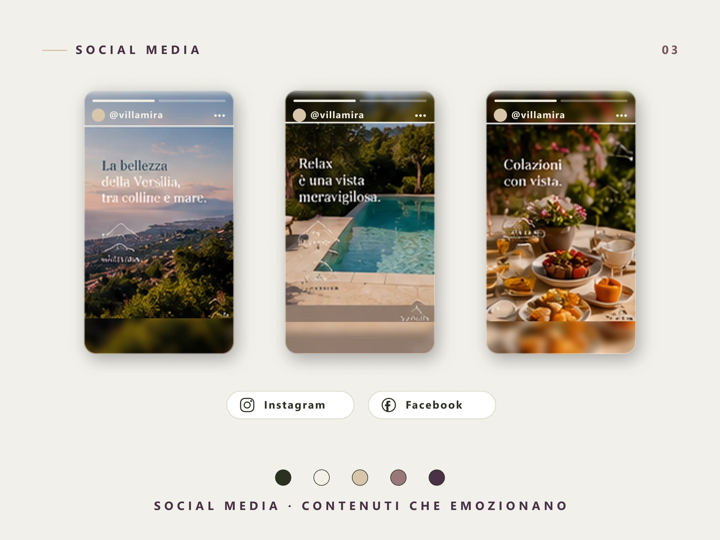 Concept social di Villa Mira: tre story con paesaggi versiliesi e payoff coordinati dentro cornici social con handle @villamira